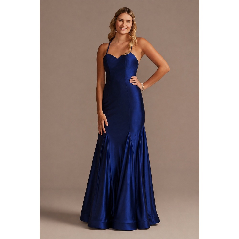 Blondie Nites Stretch Satin Sweetheart Trumpet Gown 3 Navy Blue Elegant NWT